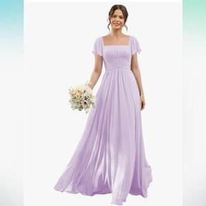 LILAC Ruffle Sleeves Chiffon Bridesmaid - Long Formal Evening 6